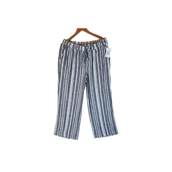 NWT Briggs Pants Women's Size XL Gray White Striped Wide Leg Pull On Linen Blend - Picture 1 of 11